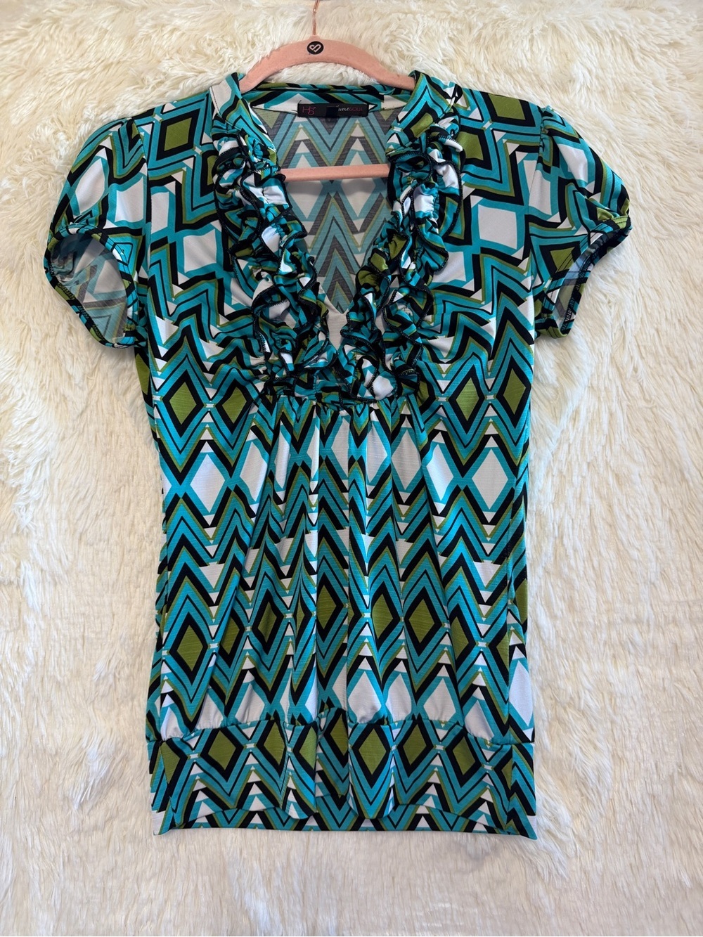 HeartSoul Womens Y2K Babydoll Top S Geometric Ruffled V-Neckline Office Siren